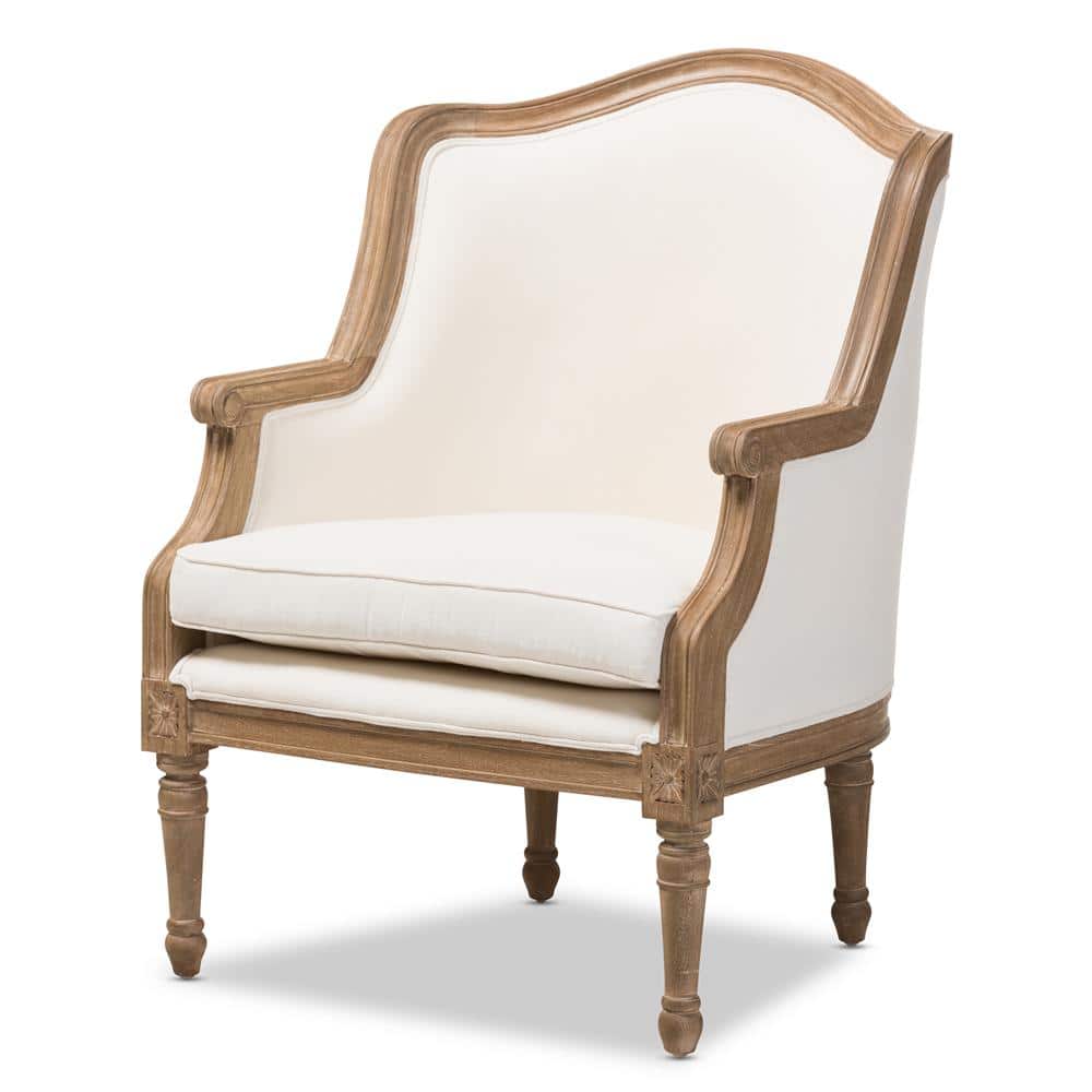 Charlemagne Distressed Brown Oak Wood French Accent Chair with Beige Cotton
