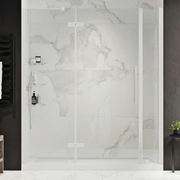 OVE Decors Tampa 60 in. L x 32 in. W x 75 in. H Alcove Shower Kit w/ Pivot Frameless Shower Door in SN w/Shelves and Shower Pan