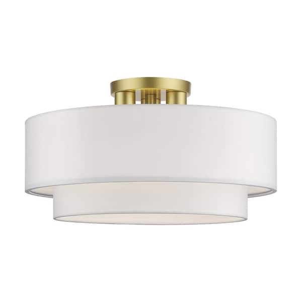 Manorwood 3-Light Solf Gold Semi Flush Mount with Off-White Fabric Shade