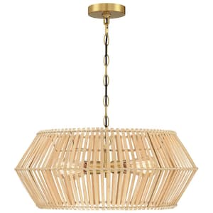 22 in. 4-Light Brass Bohemian Chandelier with Hand Woven Shade