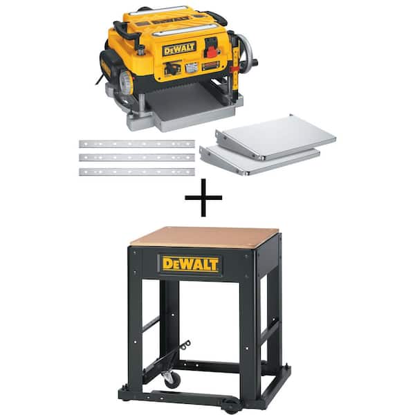 DEWALT 15 Amp 13 in. Corded Heavy-Duty Thickness Planer, (3) Knives, In/Out Feed Tables, and Mobile Thickness Planer Stand