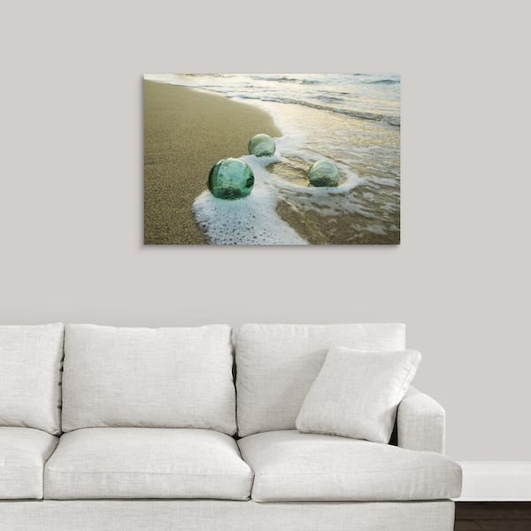 Three Glass Fishing Floats Roll On The Sandy Shoreline With Ripples Of  Water And Seafoam Wall Art, Canvas Prints, Framed Prints, Wall Peels