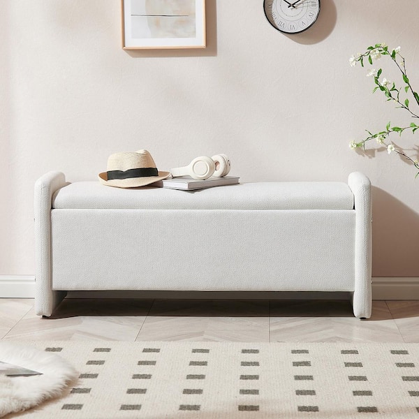 PINMOCO 44 in. Linen Rectangular Ottoman Bench with Storage in White