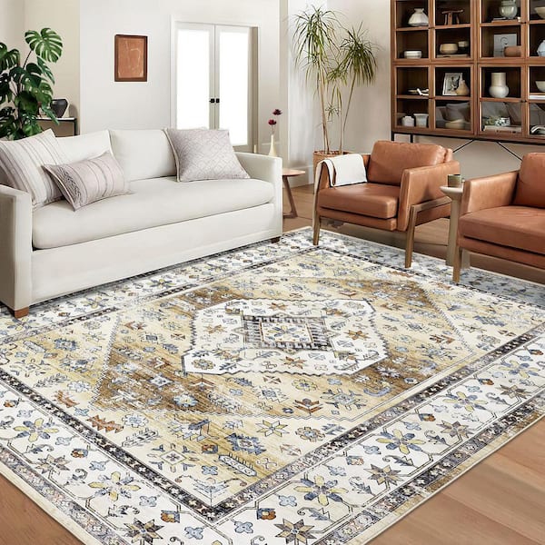 Retro Carpet Yellow 6 ft.x9 ft. Machine Washable Printed Time-delay Short Pile Nonslip Rug Soft Foldable Indoor Area Rug