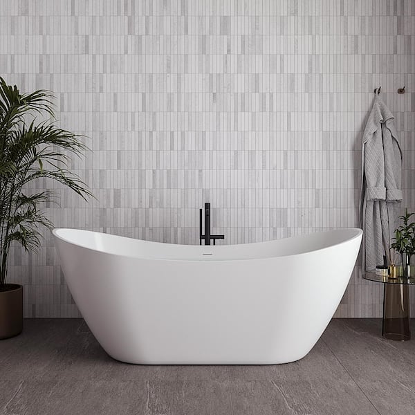 Streamline 71 in. x 32 in. Acrylic Freestanding Soaking Bathtub in Glossy White with Matte Black Drain