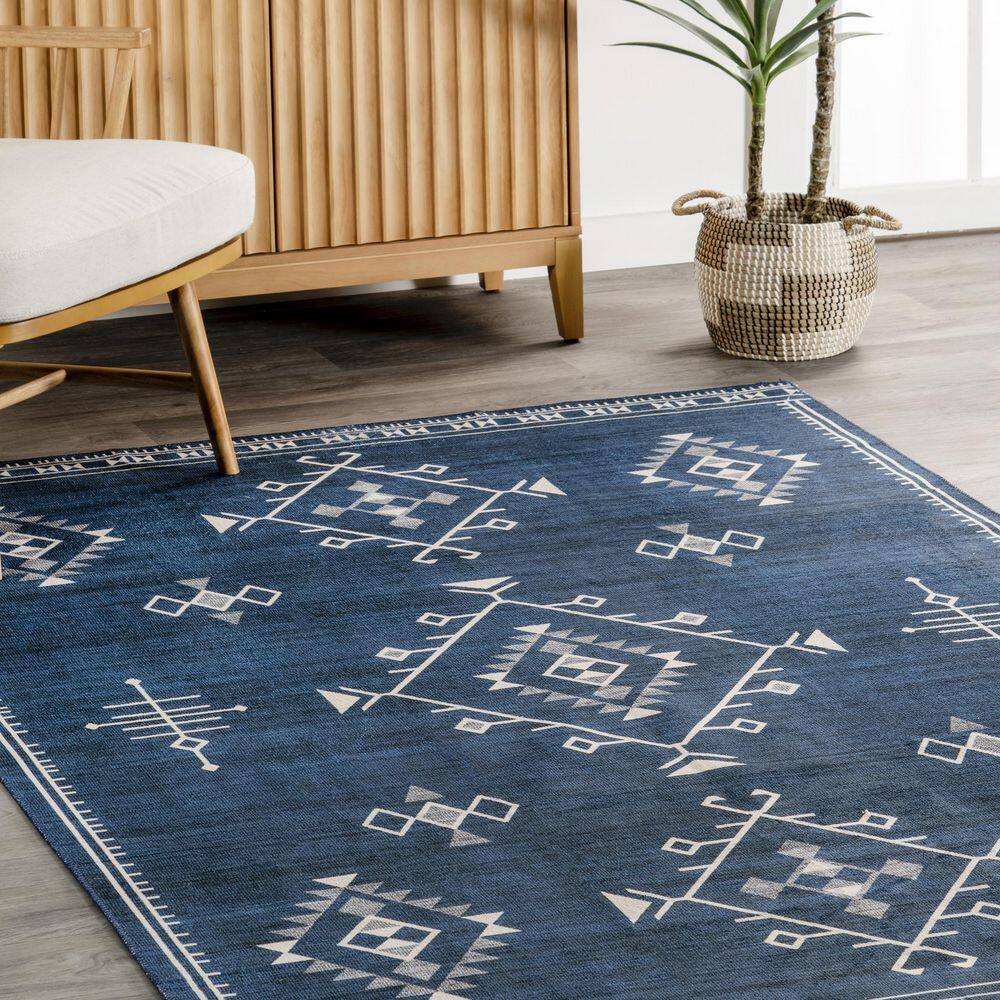 Navy Rectangular Reversible Washable Synthetic Area Rug, 3' x 5'