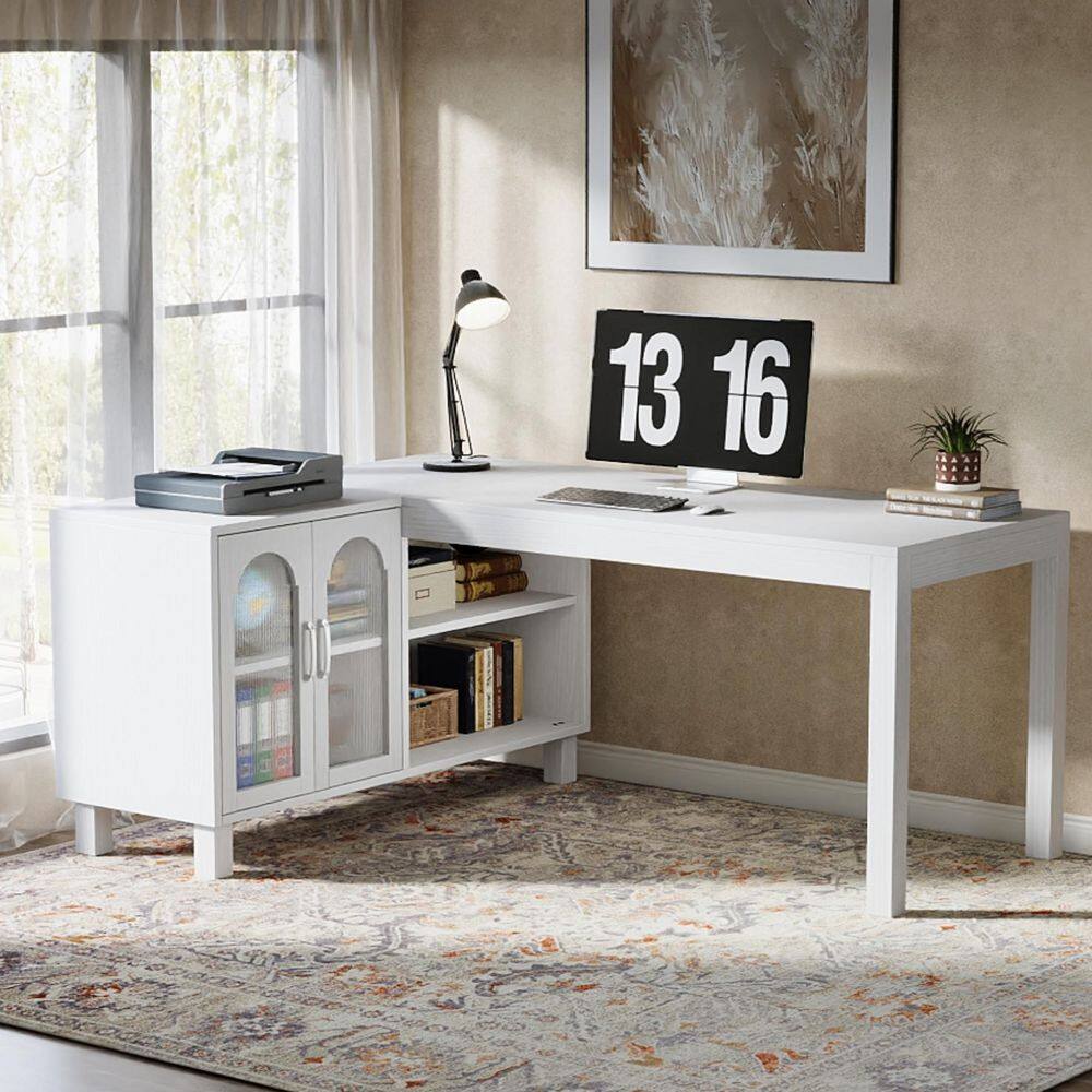 Halseey 59 in. L-Shaped White Wood Corner Computer Desk with Storage, Shelves, and Doors Home Office Working Study
