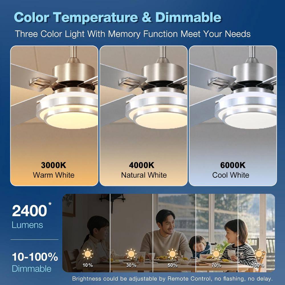 52" Brushed Nickel Ceiling Fan with LED Light and Remote Control
