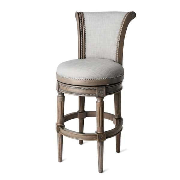 MAVEN LANE Pullman 31 in. Reclaimed Oak High Back Wooden Bar Stool with Premium Ash Grey Fabric Upholstered Seat