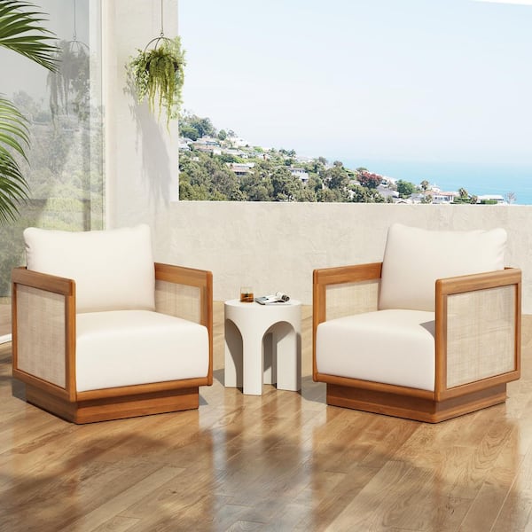 CHRISTOPHER KNIGHT HOME Suzanne Patio Teak Finish Solid Wood Deep Seating Outdoor Lounge Chair with Beige Cushions, Woven Textilene Sides,2-Pack