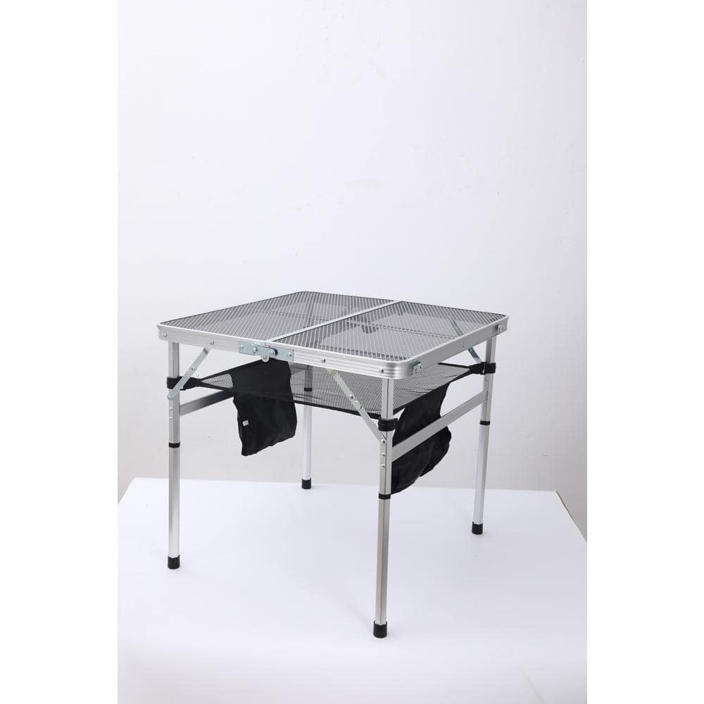 31.5" Silver Steel Folding Camping Table with Mesh Storage