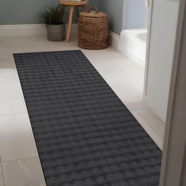 Aurora 2 ft. x 7 ft. Dark Grey Non-Slip Rubber Back Washable Polyester Checker Indoor Runner Rug