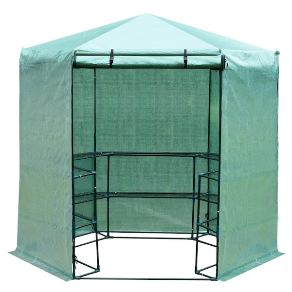 Outsunny 7.5 ft. x 6.5 ft. 3-Tier 10 Shelf Outdoor Portable Walk-In Hexagonal Greenhouse Kit with Zippered Doors and PE Covering