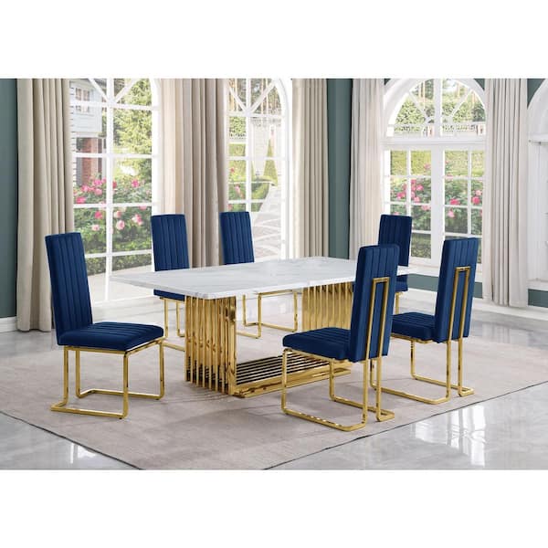 Best Quality Furniture Lisa 7-Piece Rectangle White Marble Top Gold Stainless Steel Dining Set With 6-Navy Blue Velvet Gold Chrome Iron Chairs