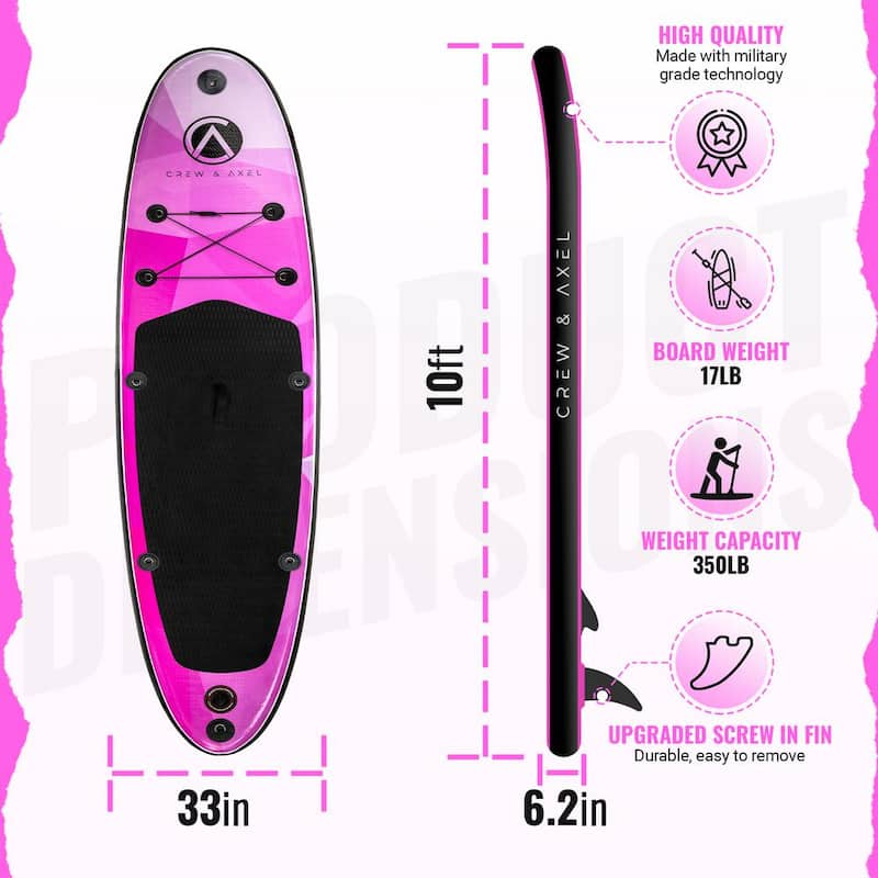 Inflatable Stand Up Paddle Board Non Slip SUP W Backpack, 3 Fins, Paddle, Pump (10 ft. x 33 in. x 6.2 in.) 17 lbs. Pink