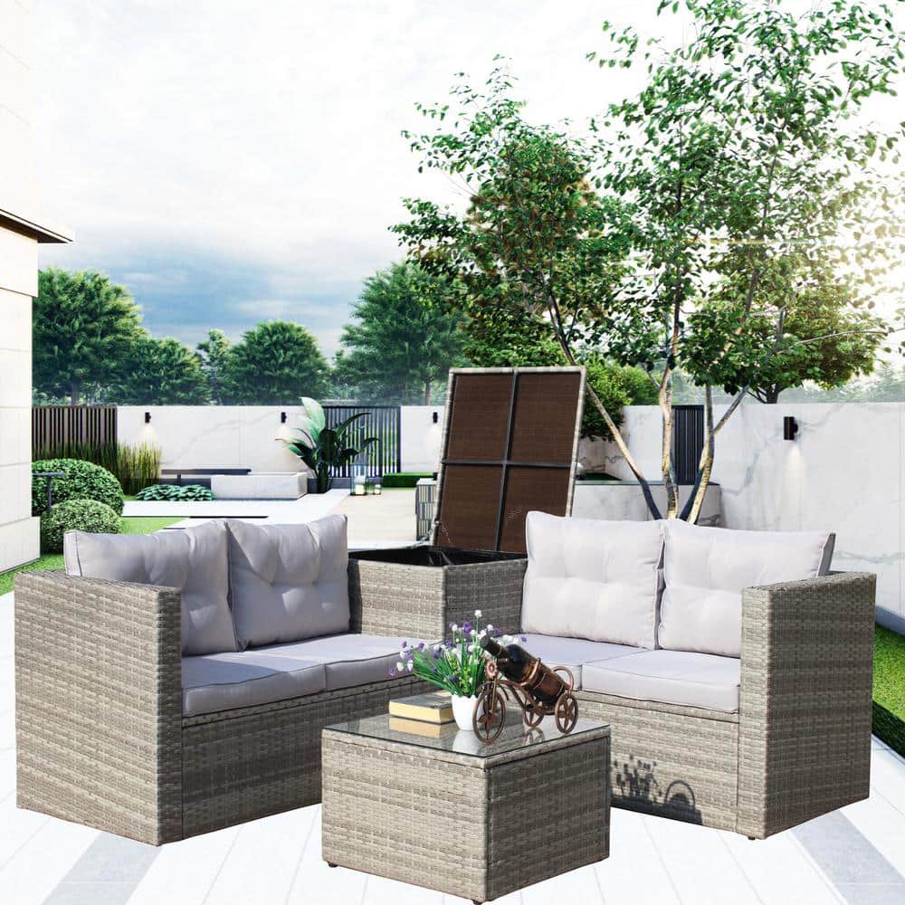 4-piece Wicker Outdoor Sectional Set with Gray Cushions, Garden Patio Modul
