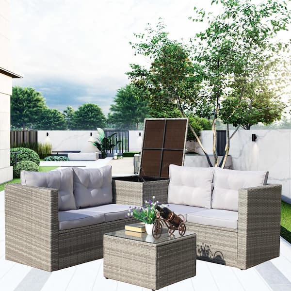 Unbranded 4-piece Wicker Outdoor Sectional Set with Gray Cushions, Garden Patio Modular Sofa Set with Storage Box