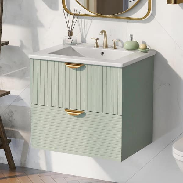 24 in. W x 18 in. D x 23 in. H Single Sink Wall-Mounted Bath Vanity in Green with White Ceramic Top