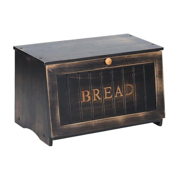 1-Piece Large Bamboo Vintage Black Bread Box for Kitchen Counter, Retro Design Single Layer Bamboo Food Storage Bin