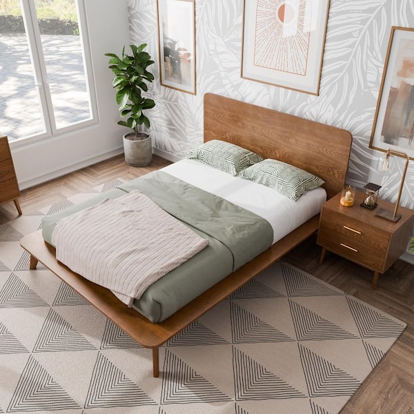 Furniture of America Riverstone 2-Piece Walnut Wood Queen Low Profile Platform Bedroom Set with Nightstand