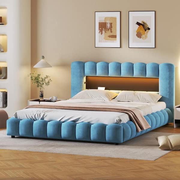 Polibi Wood Frame Queen Size Platform Bed with LED Headboard and USB, Blue