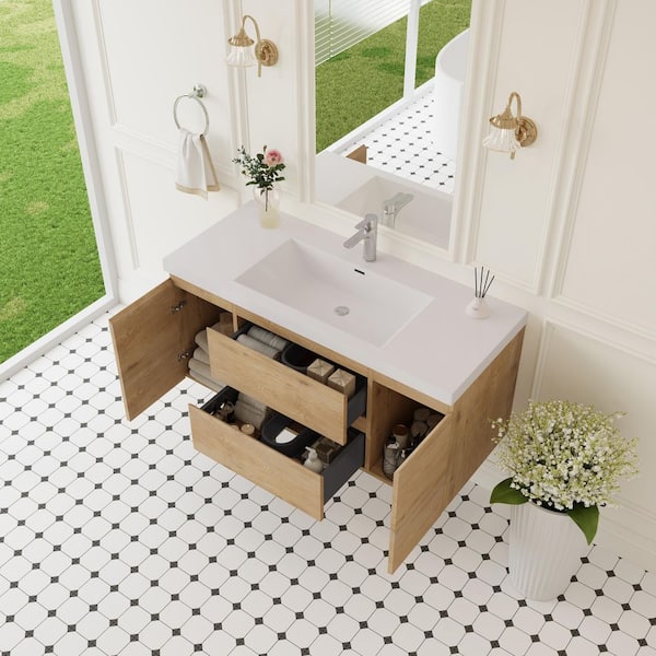 47.24 in. W x 19.69 in. D x 22.44 in. H Wall Hung Bath Vanity in Natural Oak with Resin Single Basin Vanity Top in White