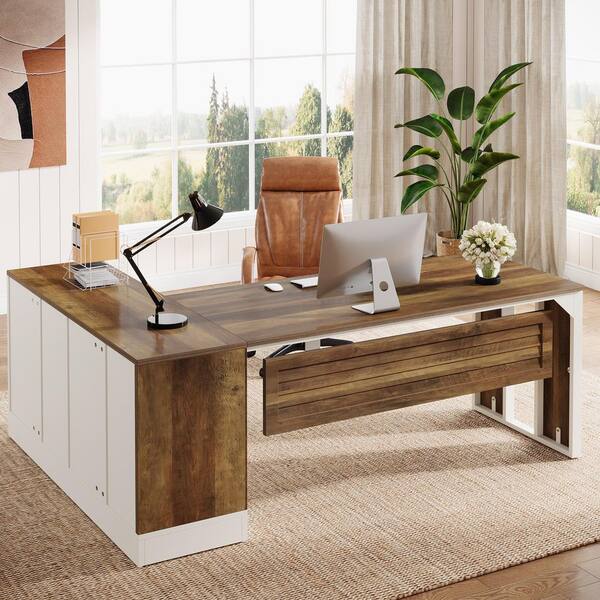 Halseey 70.87 in. L Shaped Brown White Wood 2-Door Cabinet Computer Desk for Home Office Big Executive Desk Furniture