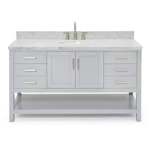 Magnolia 61 in. W x 22 in. D x 36 in. H Bath Vanity in Grey with Carrara Marble Vanity Top in White with White Basin