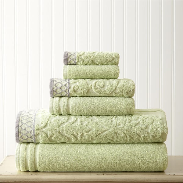 MODERN THREADS 6-Piece Sage Damask Jacquard Towels Set with Embellished Border