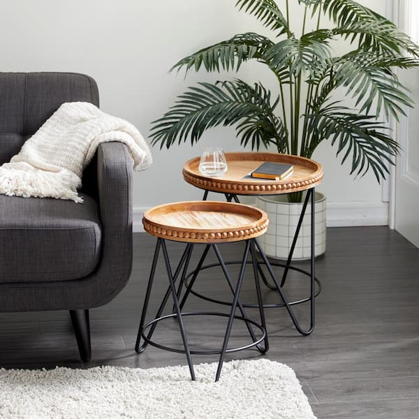 Litton Lane 17 in. Black Beaded Medium Round Wood End Accent Table with Brown Wood Tops (2- Pieces)