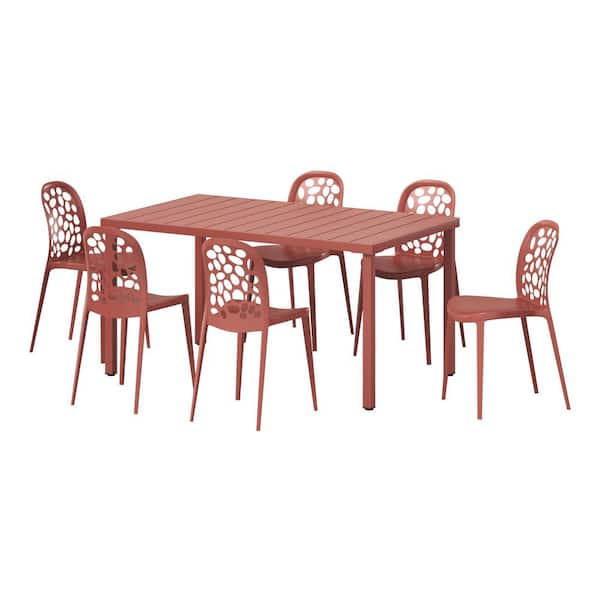 WESTIN OUTDOOR Frond and Form Outdoor Patio Modern 7-Piece Rectangular Steel Table, 6 Stackable HDPE Plastic Chairs Dining Set, Red