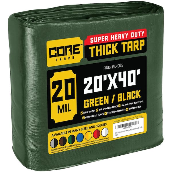 CORE TARPS 20 ft. x 40 ft. Green/Black 20 Mil Heavy Duty Polyethylene Tarp, Waterproof, UV Resistant, Rip and Tear Proof