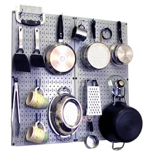 Kitchen Pegboard 32 in. x 32 in. Metal Peg Board Pantry Organizer Kitchen Pot Rack with Gray Pegboard and Blue Peg Hooks