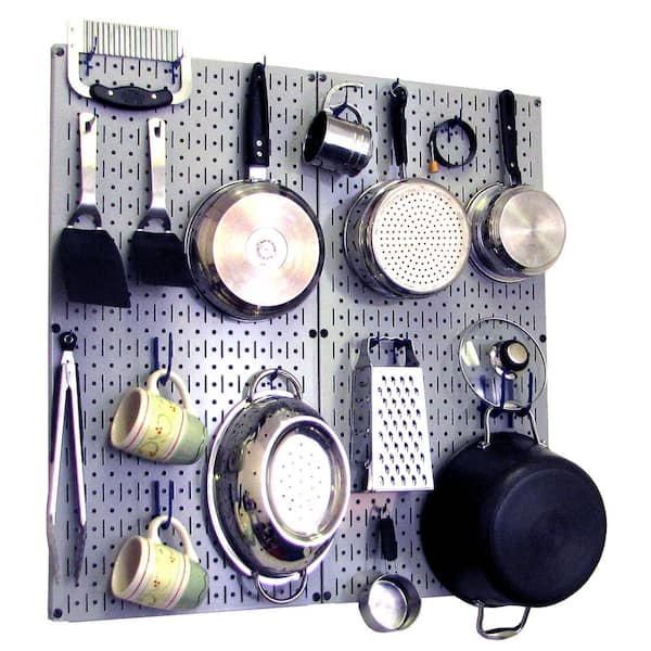 Wall Control Kitchen Pegboard 32 in. x 32 in. Metal Peg Board Pantry Organizer Kitchen Pot Rack with Gray Pegboard and Blue Peg Hooks