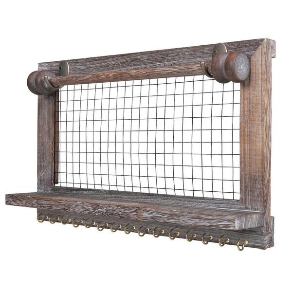 2.3 in. x 17.13 in. x 9.84 in. Rustic Brown Wood Decorative Wall Shelves with Brackets and Hooks