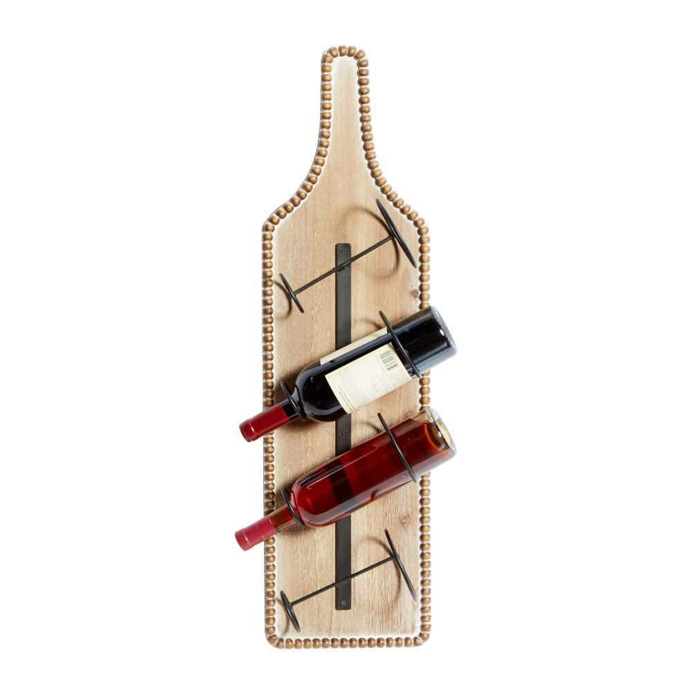 Brown Wood Bottle Shaped Wall Wine Rack with Beaded Frame