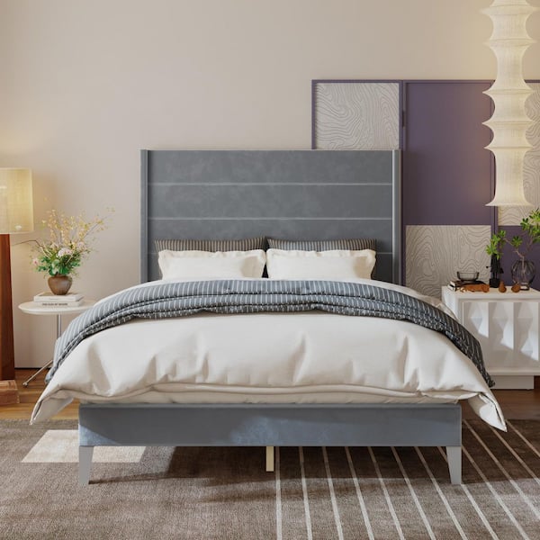 FUFU&GAGA Gray Wood Frame Queen Size Panel Bed with High Upholstered Headboard, Silent Slats and Modern Polyester Fabric