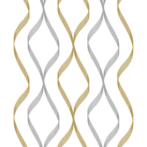 NextWall Silver and Gold Ogee Ribbon Vinyl Peel and Stick Wallpaper Roll 30.75 sq. ft.