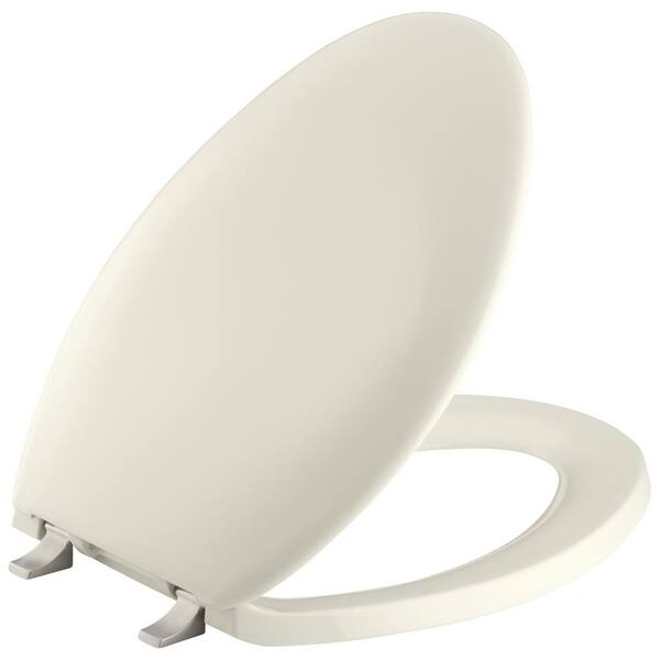 KOHLER Bancroft Elongated Closed Front Toilet Seat with Vibrant Brushed Nickel Hinge in Biscuit