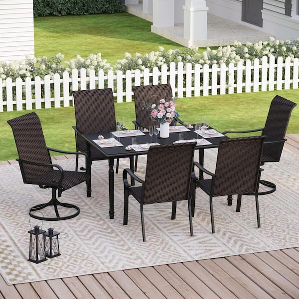 PHI VILLA Black 7-Piece Rattan Patio Outdoor Dining Set with Black Frame Rectangular Table and High-Back Swivel Chairs