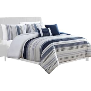 Alfa 5- Piece White and Blue Striped Polyester Queen Comforter Set