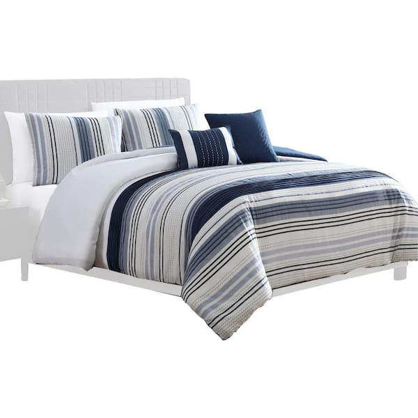 Benjara Alfa 5- Piece White and Blue Striped Polyester Queen Comforter Set