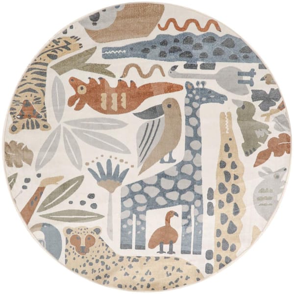 Astra Machine Washable Ivory 8 ft. x 8 ft. Graphic Contemporary Round Area Rug