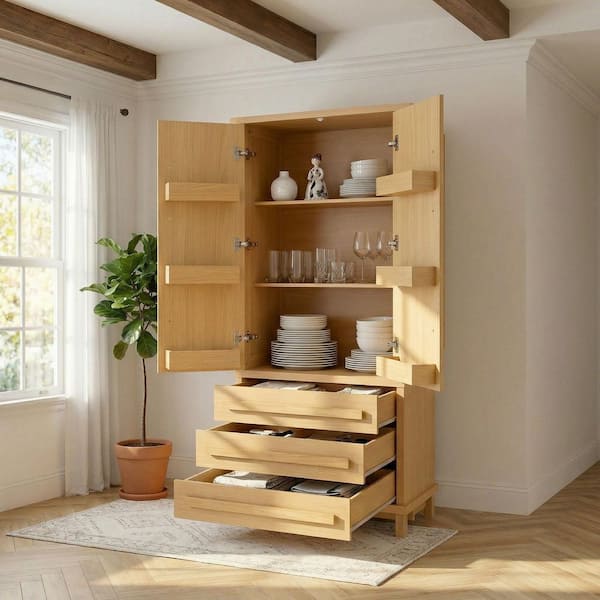 Natural 70.1 in. H 2-Door Kitchen Pantry Organizer, Luxurious Wood Storage Cabinet with 6-Door Shelves and 3-Drawers