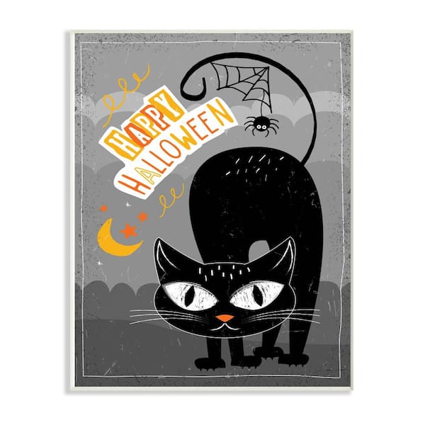 Stupell Industries 12.5 in. x 18.5 in. "Black Orange and Grey Happy Halloween Black Cat with Spider Web" by Artist ND Art Wood Wall Art