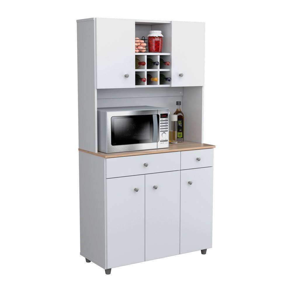White and Maple Kitchen Pantry with Wine Storage and Metal Handles
