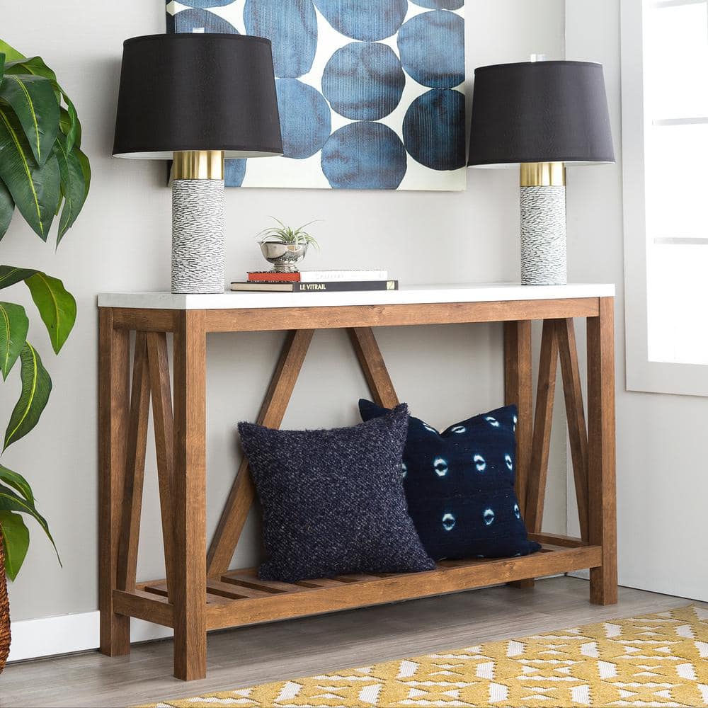 Farmhouse Charm 52" Walnut Wood Console Table with Marble Finish and Storage