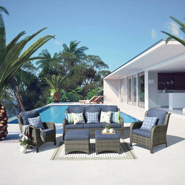 XIZZI Erie Lake Gray 5-Piece Wicker Outdoor Patio Conversation Seating Sofa Set with Denim Blue Cushions