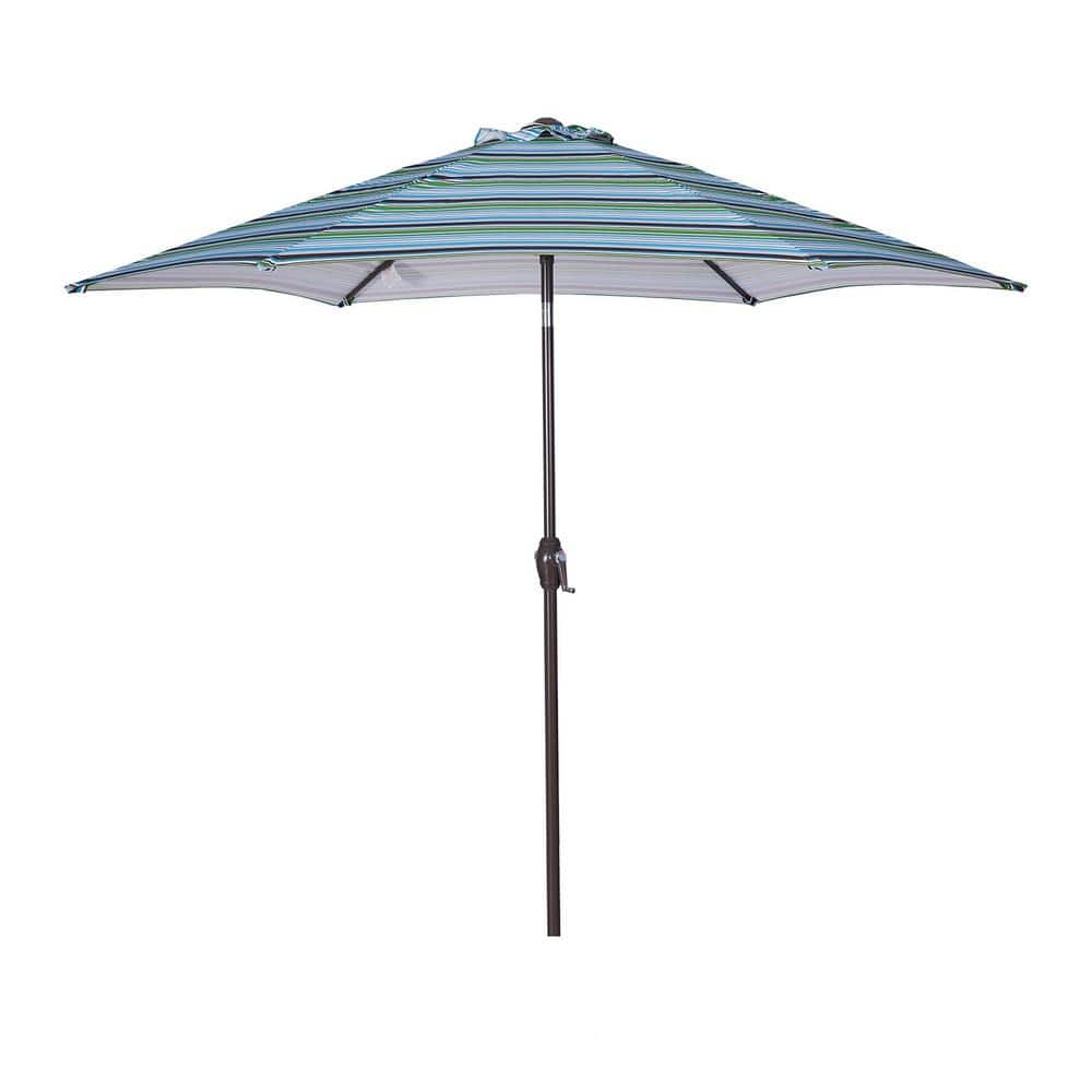 8.6ft. Blue Striped Round Market Table Umbrella with Push Button Tilt and C