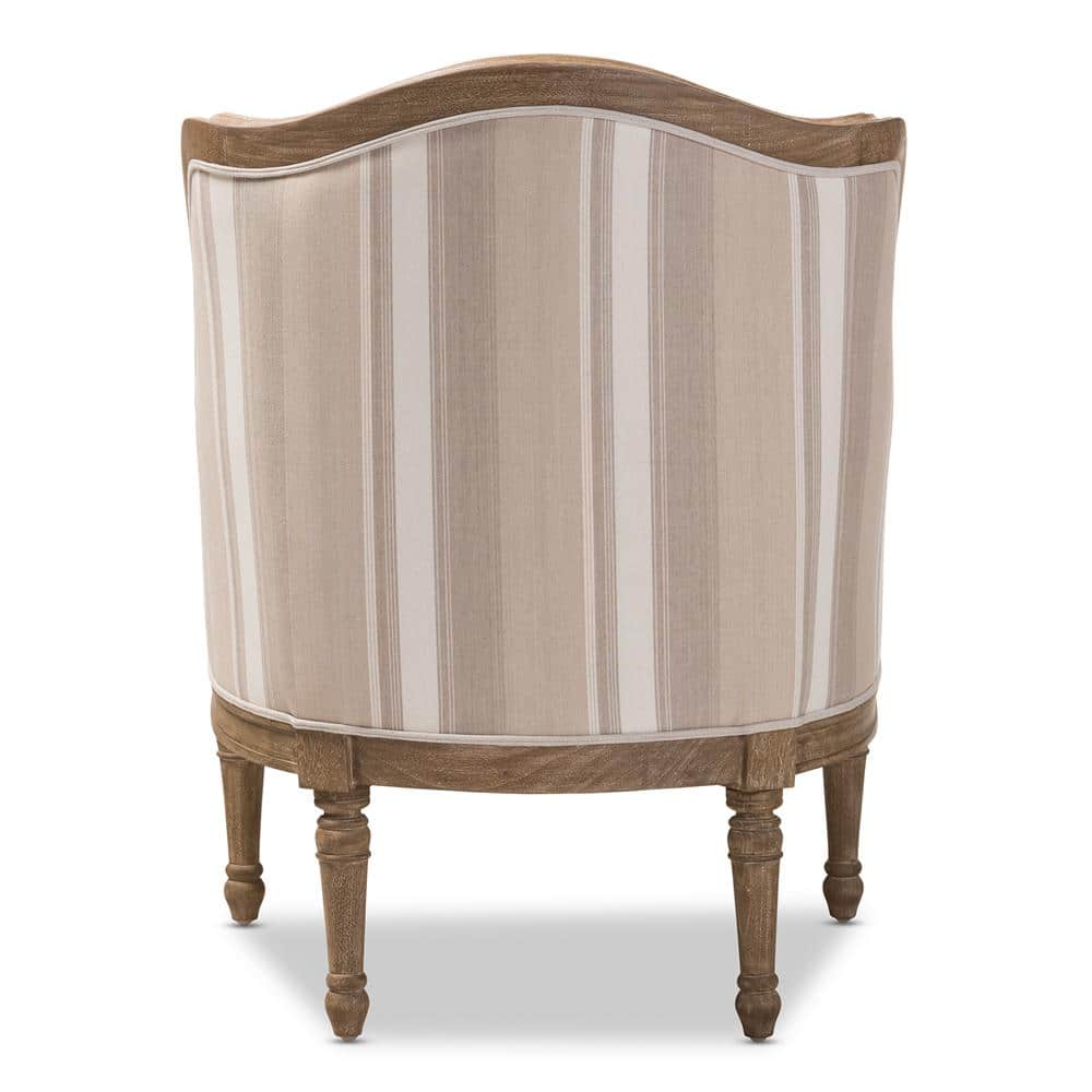 Classic French Oak Accent Chair with Brown Striped Cushion